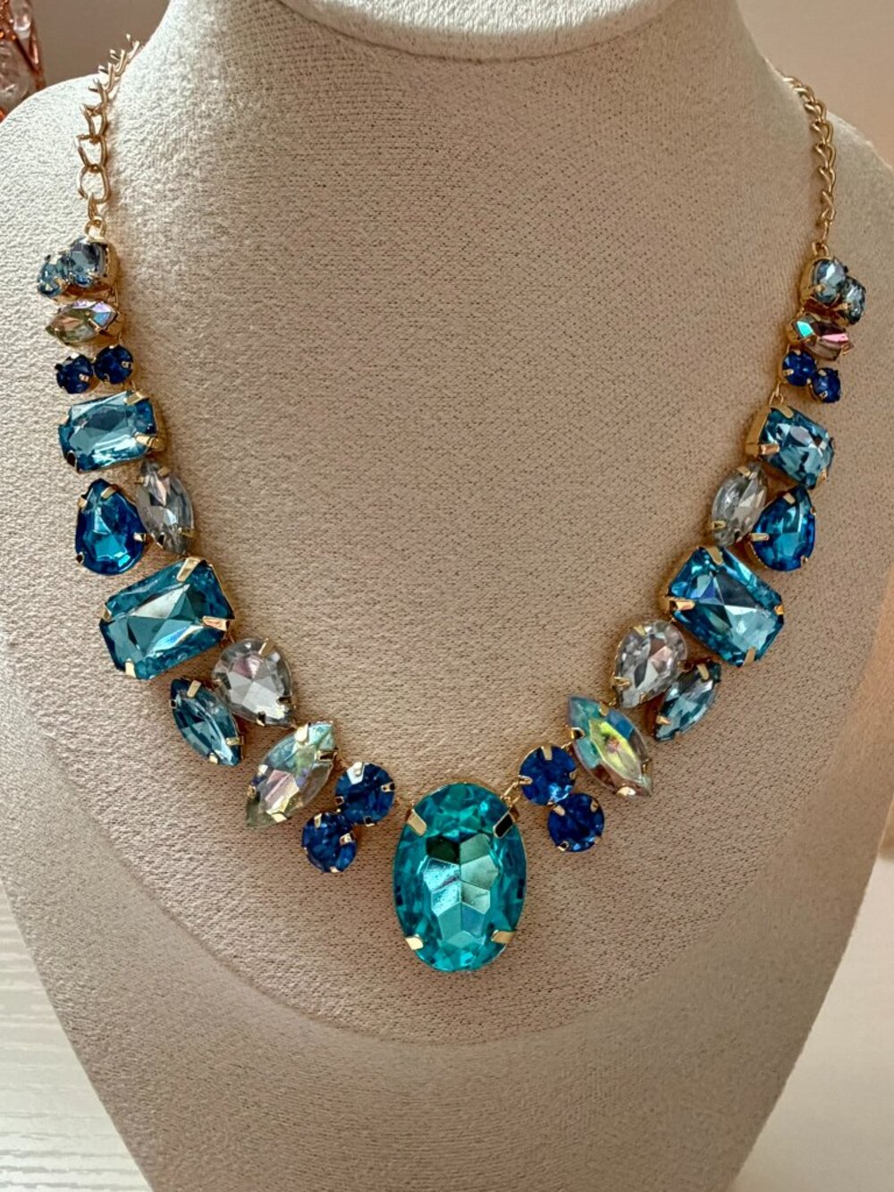 New Blue Crystal Statement Necklace - Multicolor Gem Necklace Bold Jewelry